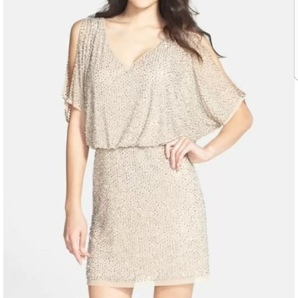 EUC Xscape Evenings Nude and Silver Beaded Dress